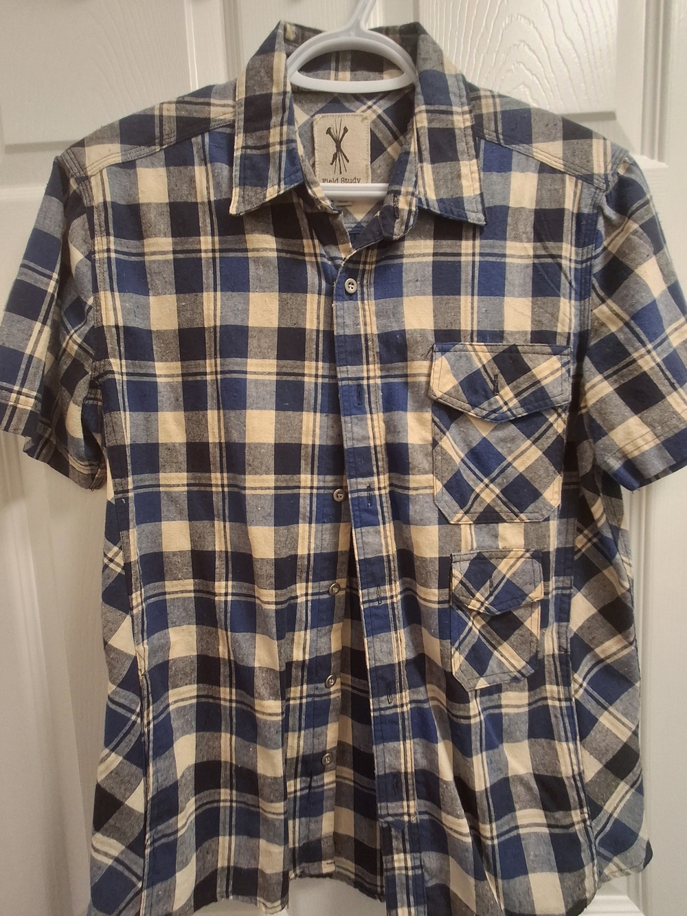 Field Study Blue & Cream Short Sleeve Plaid Button Up Shirt S